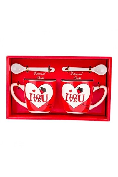 OEM Set din ceramica format din doua cani cu lingurite, cu inimi si mesaje de...