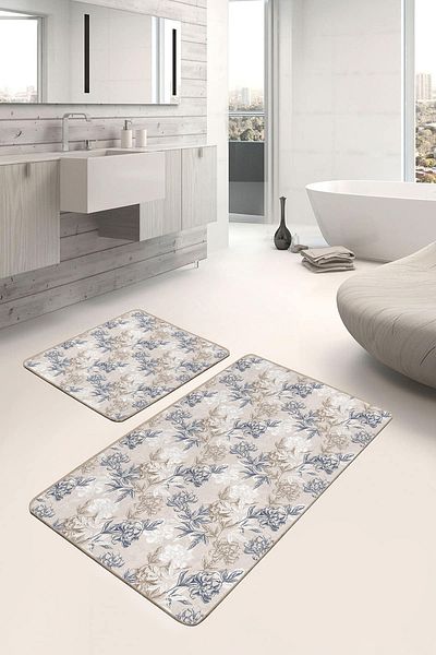 Realhomes Beige Background Cream and Navy Blue Floral Patterned 2-Piece Non-Slip Base Washable Bath Mat Set
