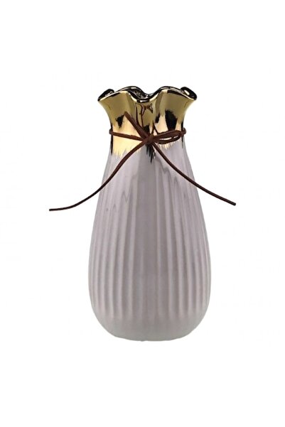 OEM Vază ceramică cu dungi și gură ondulată 10x20 cm alb-auriu