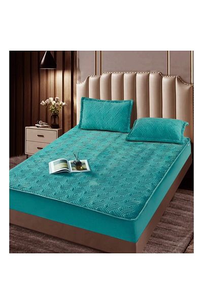 JOJO HOME Bed Sheet and 2 Pillowcases, Jojo Home, Velvet, Quilted Design, 180x200cm, Turquoise