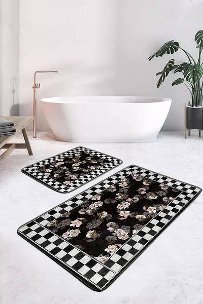 Realhomes Floral Checkered Black and White Ethnic Patterned 2-Piece Non-Slip Base Washable Bath Mat Set