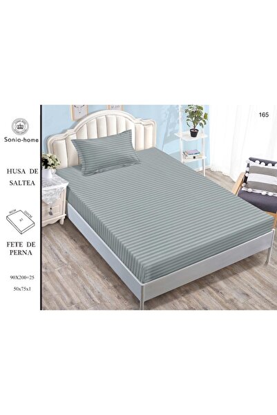 OEM Cearșaf cu elastic și 2 fețe de pernă, Damasc, pentru o persoană, 90x200cm, gri deschis