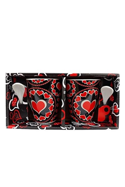 OEM Set 2 căni ceramice cu lingurițe, model inimioară, ambalate în cutie de c...