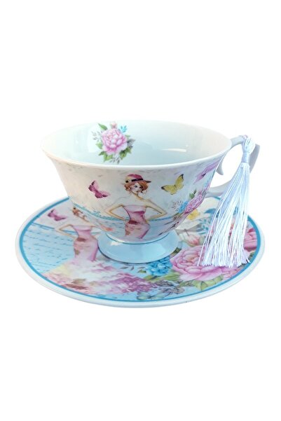 OEM Ceramic Cup with Saucer Featuring Female Silhouette, Butterflies, and Flowers, 100 ml