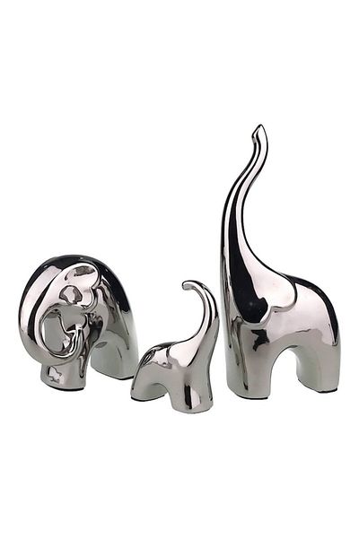 OEM Decoratiune 3 elefanti, ceramica, argintiu, 11X24/13X12/8X11