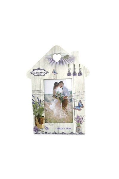 OEM Ramă foto din lemn în formă de casă cu flori de lavandă, M3, 20x28 cm