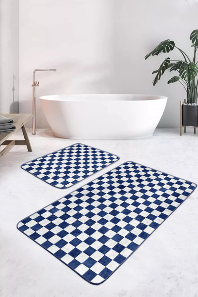 Realhomes Lacivert Beyaz Kareli Modern Geometrik Desenli 2'li Kaymaz Taban Yı...