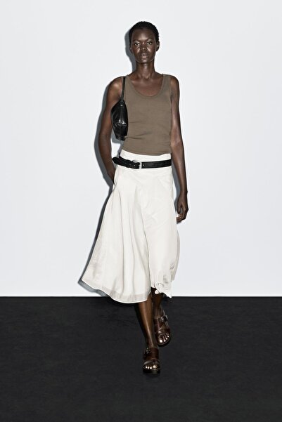 Massimo Dutti Robalı ve volanlı midi etek