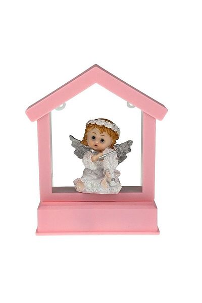 OEM Decoratiune ingeras cu casuta roz, 14x17 cm, alb-roz, rasina