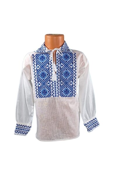 OEM National shirt (Ie) for boys, cotton, white with geometric embroidery, light blue, 10 years