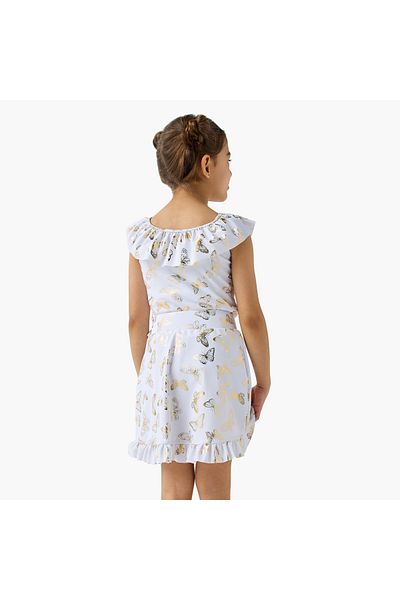 Juniors Butterfly Print Sleeveless Swimsuit with Ruffle Detail