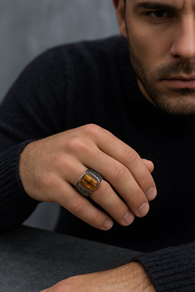 Safnaturel Sertifikalı Kaplan Gözü Doğal Taş 925 Ayar Gümüş Erkek Yüzük