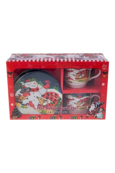 OEM Set din ceramica format din doua cesti cu farfurii cu imagini de Craciun, 24x15 cm