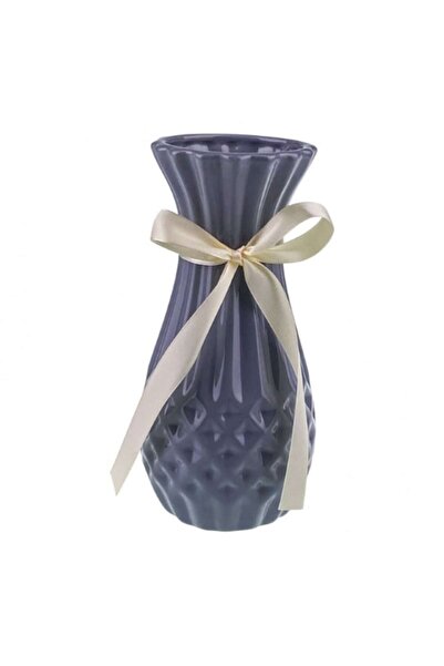 OEM Vază ceramică cu dungi și romburi la bază, cu panglică, 9x20 cm albastră