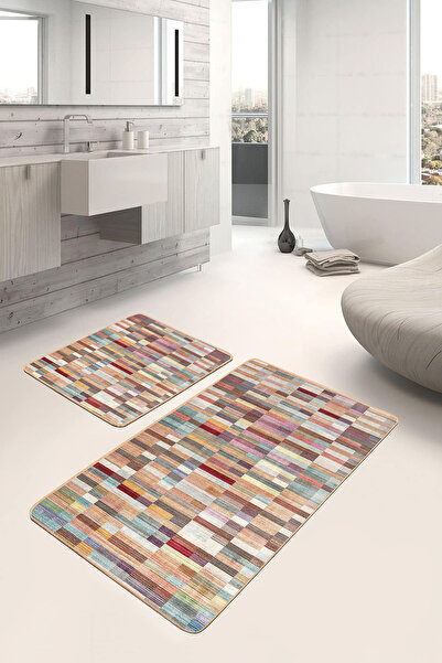 Realhomes مجموعة من قطعتين من سجادة الحمام القابلة للغسل بنمط فسيفساء مربعة م...