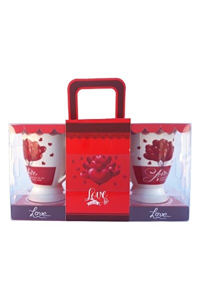 OEM Set 2 căni ceramice, cu inimioare roșii, ambalate în cutie de plastic cu mâner, 200ml