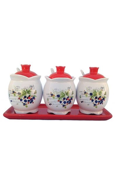 OEM Set din ceramică format din trei recipiente cu lingurițe, 27x13cm, roșu
