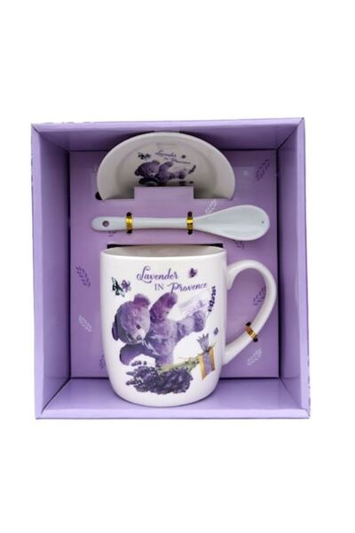 OEM Cană ceramică cu capac și lingură - Design ursuleț și lavandă, 17 x 18 cm
