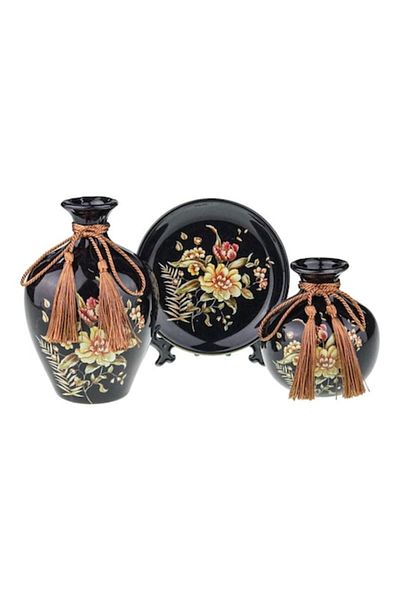OEM Ceramic Set with Two Vases and Decorative Plate with Floral Pattern 26x17 cm