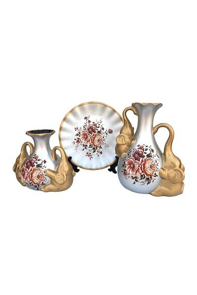 OEM Set din ceramica format din doua vaze cu toarte in forma de elefant si farfurie, M2, 36x22 cm