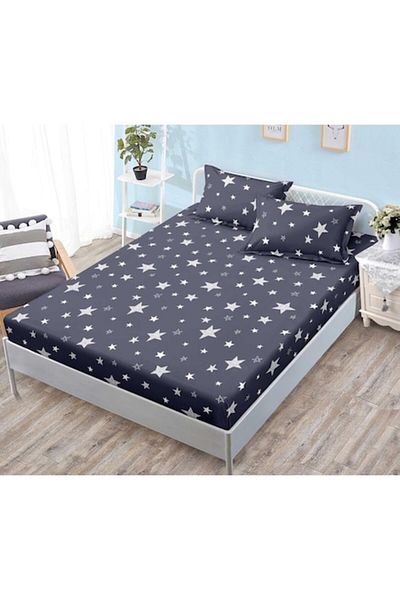 OEM Bed Sheet with Elastic, 3 Pieces, Satin Cotton, 180x200cm, Star Print, Dark Gray-Light Gray