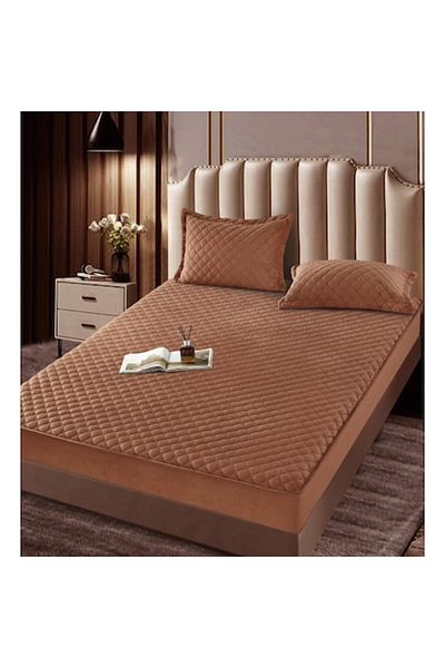 JOJO HOME Bed Sheet with 2 Pillowcases, Jojo Home, Velvet, Quilted Design, 180x200cm, Brown