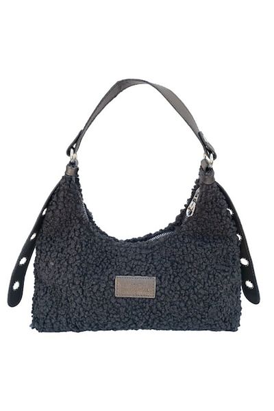 OEM Geantă din imitație de lână cu mâner din piele, neagră, 30x26 cm