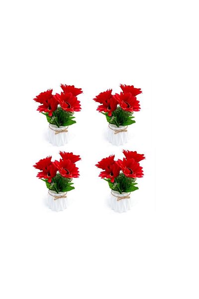 OEM Set 4 ghivece din plastic in forma de punga de cadou cu crizanteme, rosu, 12x24 cm