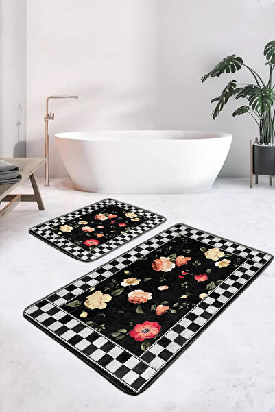 Realhomes مجموعة من 2 سجادة حمام قابلة للغسل بنمط زهرة مربعة بيضاء على خلفية سوداء