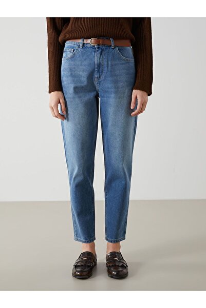 LC Waikiki Indigo Waist Belted Mom Fit Women's Jean Trousers