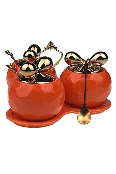 OEM Oliviera din ceramica, 3 boluri, cu lingurita, 22x12cm, portocaliu-auriu