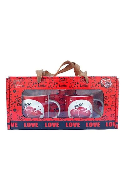 OEM Set 2 ceramic mugs with spoon, hearts and text 'I love you', 30x16cm
