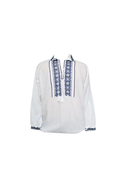 OEM Bluza tip ie Barbati, Model Traditional, Maneca Lunga, Bumbac, Broderie Albastru-Bej, Marime 2XL