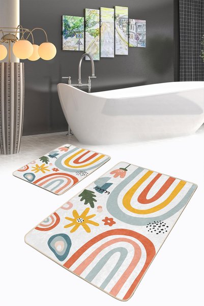 Realhomes Orange Blue Retro Striped Floral 2-Piece Non-Slip Base Washable Bath Mat Set