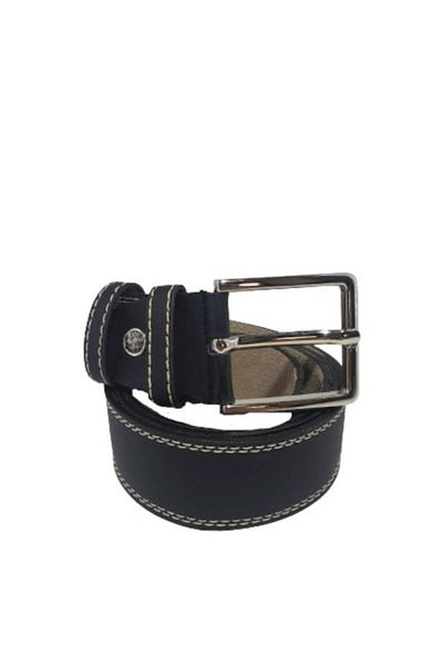 OEM Men's Genuine Leather Belt, Black with White Stitching, 125 cm