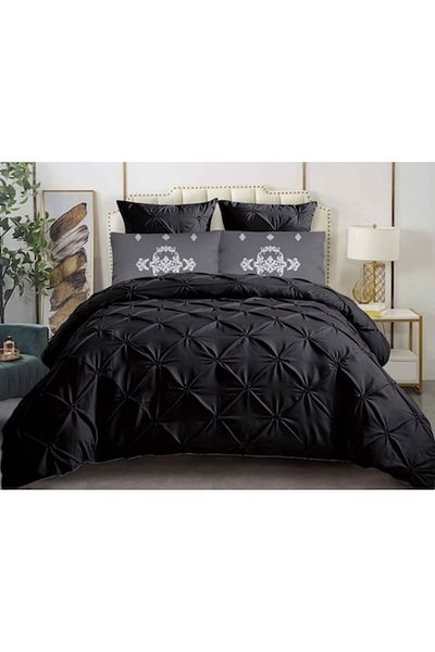OEM Set de lenjerie de pat dublu, model plisat, cu primăvară, Finet, 6 piese, negru