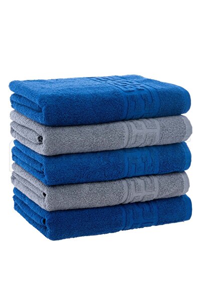 Plush Set 5 prosoape, albastru, gri, 100% bumbac 550gr, 70x140cm