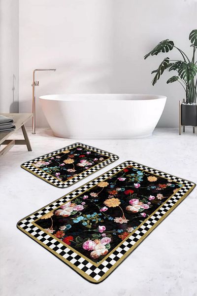 Realhomes Floral Gingham Patterned 2-Piece Non-Slip Base Washable Bath Mat Set on Black Background