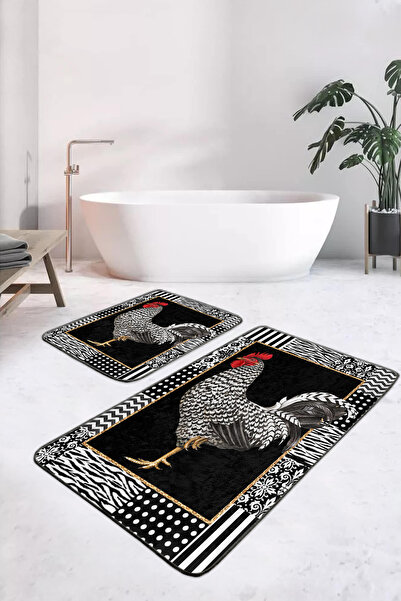 Realhomes مجموعة من 2 سجادة حمام قابلة للغسل وقاعدة مضادة للانزلاق بإطار أبيض وأسود منقوش على شكل حمامة