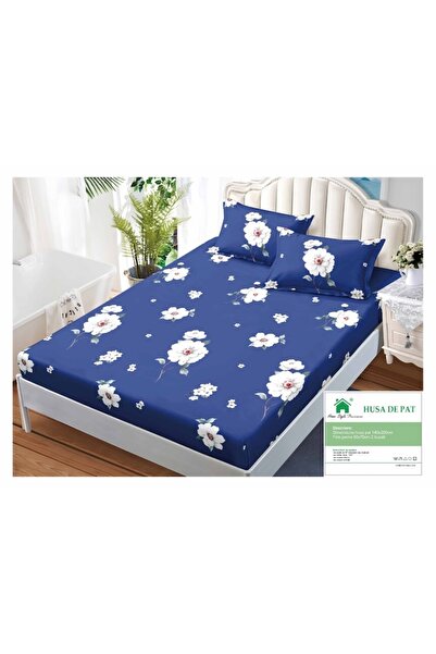 OEM Set cearșafuri și fețe de pernă, Finet, 3 piese, 140x200cm, floral, bleumarin-alb