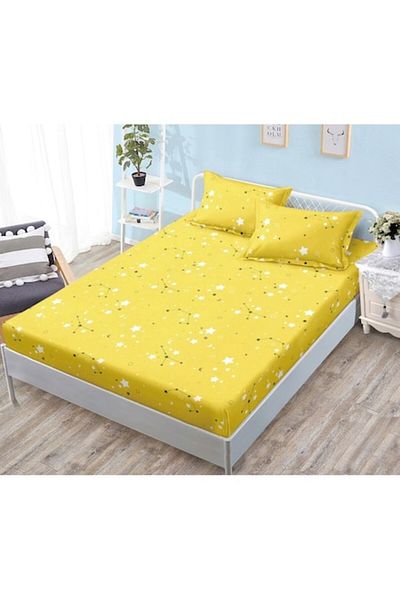 OEM Cearșaf de pat cu elastic, 3 bucăți, bumbac satinat, 180x200cm, imprimeu constelații, galben