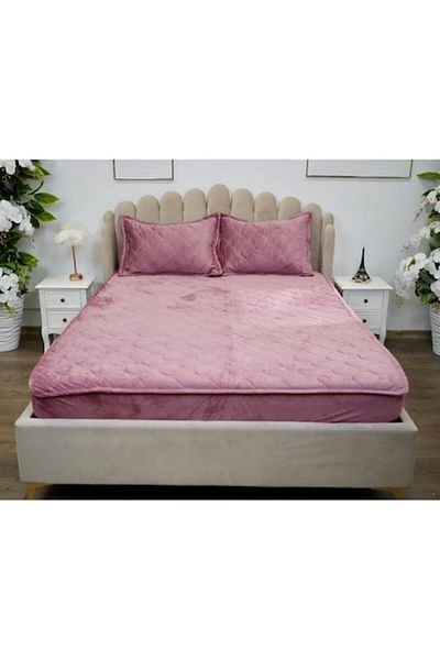 OEM Husa de pat si 2 fete de perna, Catifea, Topper Matlasat 140x200 cm, roz prafuit