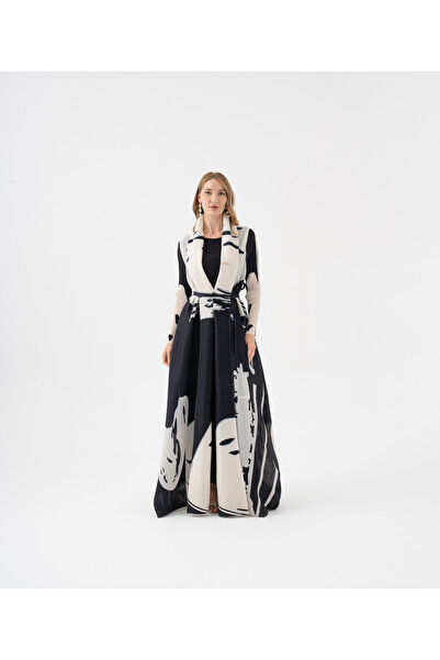 SERPİL Desenli Uzun Kaftan Formlu Kuşaklı Elbise