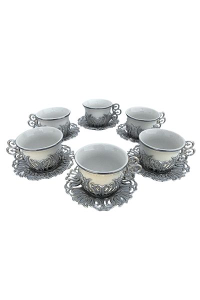 OEM Set de șase cești ceramice cu suport metalic și șase farfurii metalice, M4, 37x34 cm