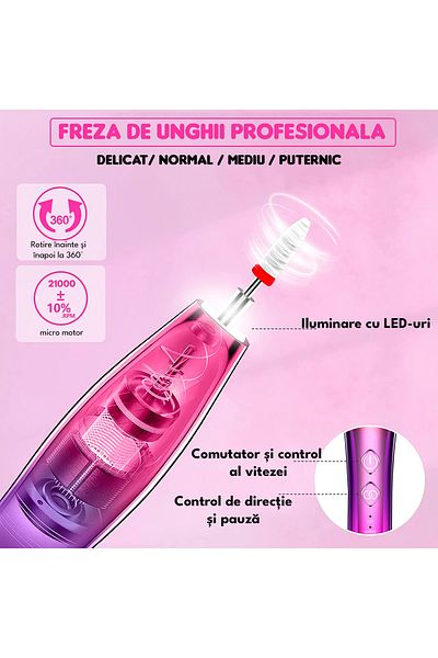 Elindor Pilă de unghii profesională, pilă electrică fără fir pentru manichiură-pedichiură, reîncărcabilă, roz violet