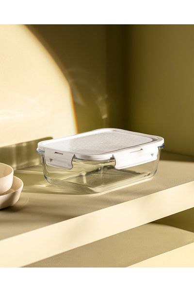 Madame Coco Modena Rectangular Lid Borosilicate Glass Storage Container - Ecru - 1500 ml