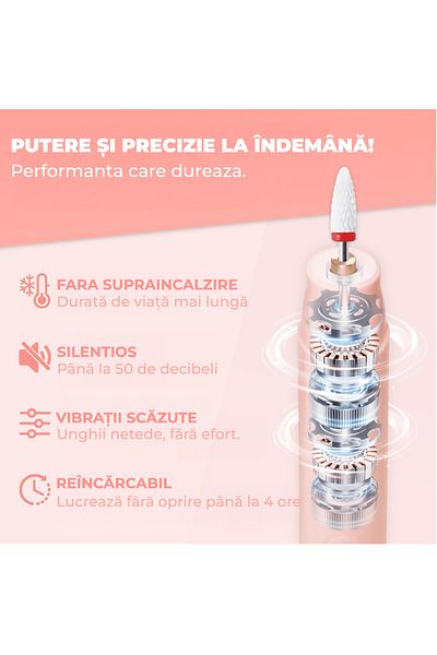 Elindor Pilă electrică de unghii ® 18.000 RPM, 6 capete, reîncărcabilă, roz