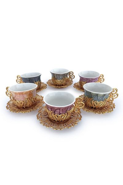 OEM Set de șase cești ceramice cu suport metalic și șase farfurii metalice, M1, 37x34 cm
