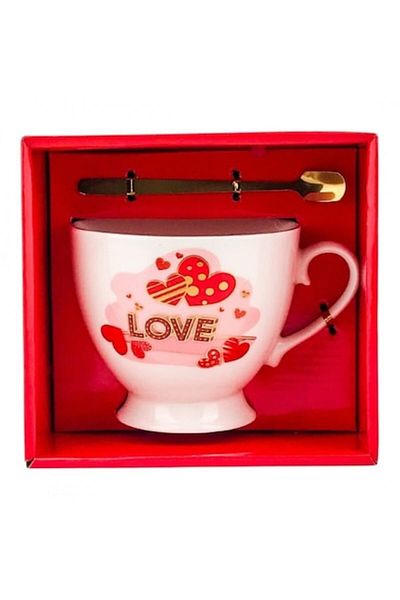 OEM Cană ceramică cu lingură metalică și design „Iubire” - 16x16 cm