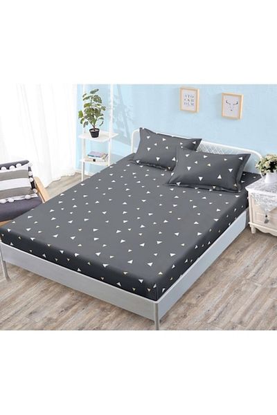 OEM Bed Sheet Set with Elastic, 3 Pieces, Satin Cotton, 180x200cm, Triangle Print, Dark Gray-White